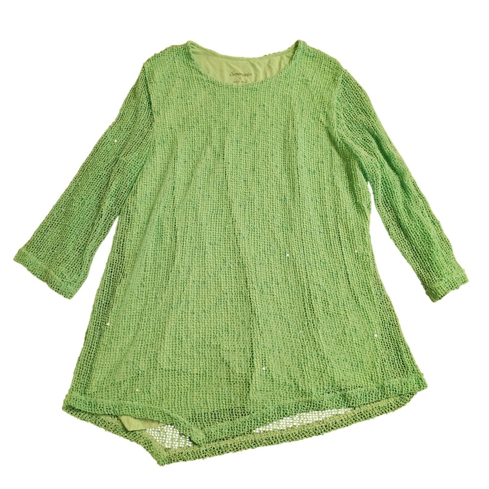 Serengeti Mesh Sequin Tunic Top Womens Large Green Asymmetrical Sharkbite Lined